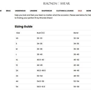 RHONDA SHEAR BRA SIZING INFORMATION